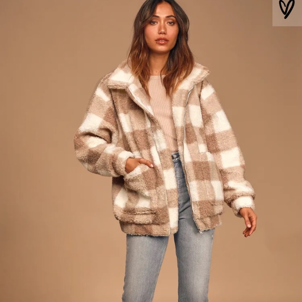 So snuggly Beige Plaid Teddy Jacket